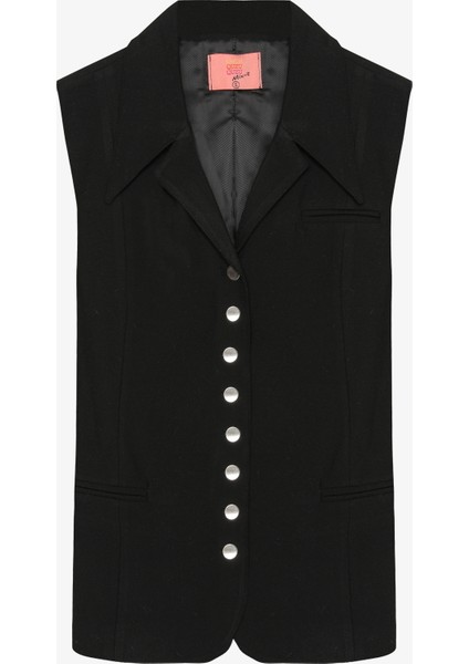 Kuşaklı Düğmeli Yelek Ceket Siyah