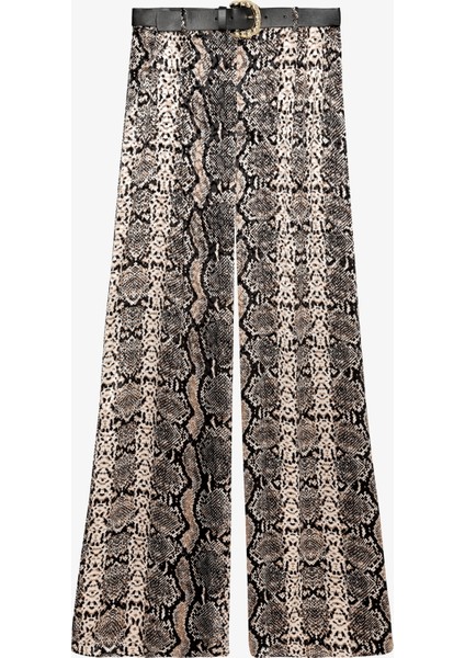 Yılan Desenli Kemerli Bol Paça Pantolon Kahverengi