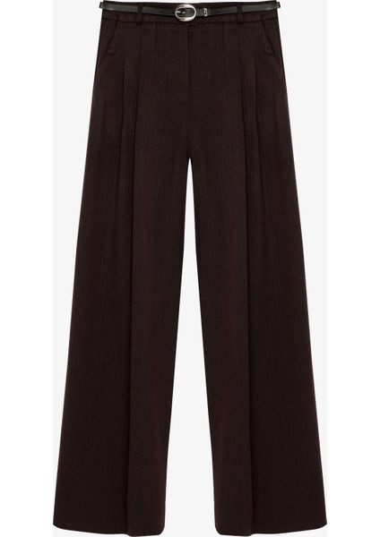 Kemerli Yüksek Bel Pileli Palazzo Pantolon Kahverengi