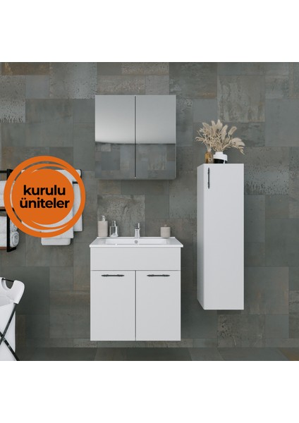 Regnum-L 65 cm Etajerli Lavabolu ve Havlu Dolaplı Banyo Dolabı Takımı Parlak Beyaz MDF Lam