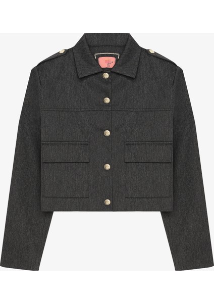 Apoletli Gold Düğmeli Crop Ceket Antrasit
