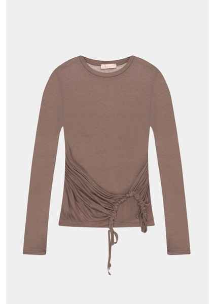 Yan Büzgülü Bağcıklı Transparan Bluz Bej