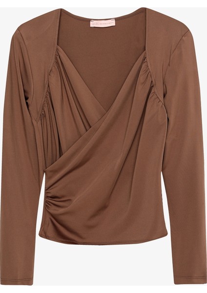 Kruvaze Yaka Drapeli Uzun Kollu Bluz Kahverengi