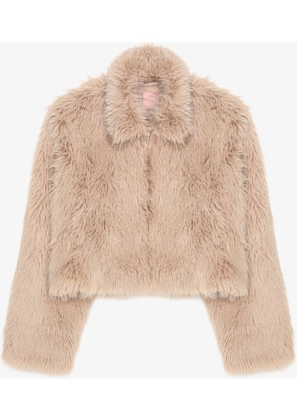 Fermuarlı Kısa Kürk Ceket Bej