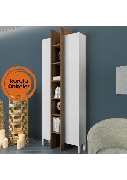 Dora 80 cm Dik Depolama Dolabı ve Kitaplık Parlak Beyaz & Mat Ceviz MDF Lam