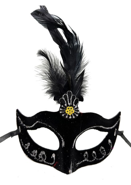 Siyah Renk Tüylü Siyah Süet Kaplama Parti Balo Maskesi 20X16 cm - Lisinya