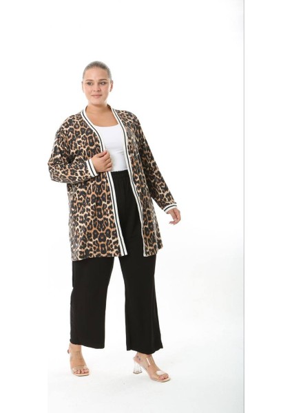 Kadın Büyük Beden Şerit Detaylı Desenli Uzun Kollu Esnek Viskon Hırka 25003