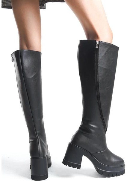 Kadın Siyah Cilt Döner Fermuarlı 8 cm Platform Topuklu Diz Altı Çizme fiyatları