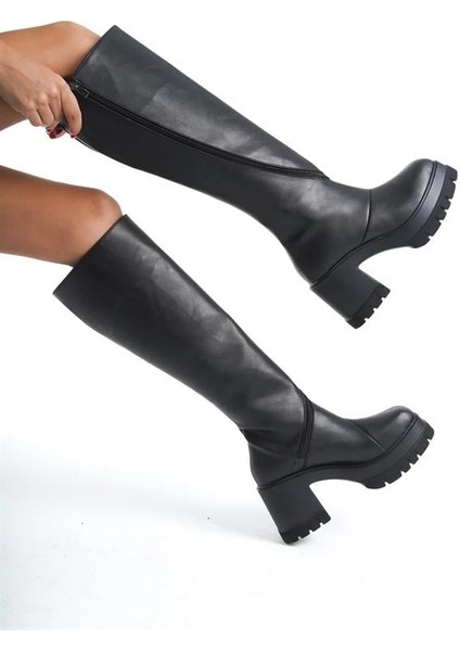 Kadın Siyah Cilt Döner Fermuarlı 8 cm Platform Topuklu Diz Altı Çizme modelleri