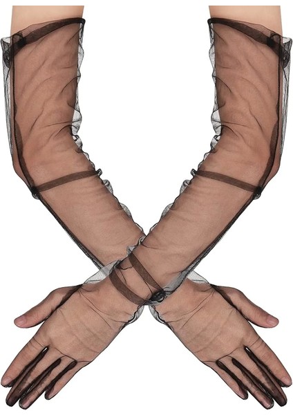 Uzun Boy Likralı Siyah Renk Yetişkin Mega Tül Eldiven 53 cm - Lisinya