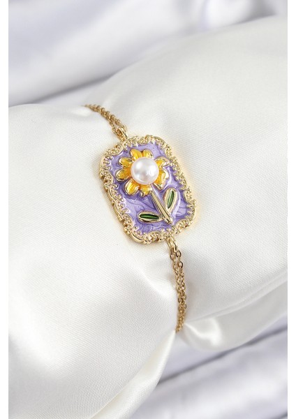 316L Çelik Zincir Mor Mineli Sanatsal Portre Inci Detaylı Papatya Model Gold Renk Kadın Bileklik - Lisinya