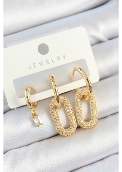 Pirinç Zirkon Taşlı Dikdörtgen Model Gold Renk 3'lü Çift Kadın Küpe Set - Lisinya