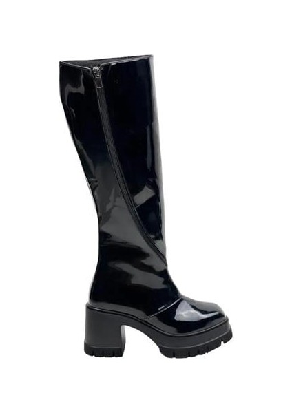 Kadın Carina Siyah Rugan Döner Fermuarlı 8 cm Platform Topuklu Diz Altı Çizme