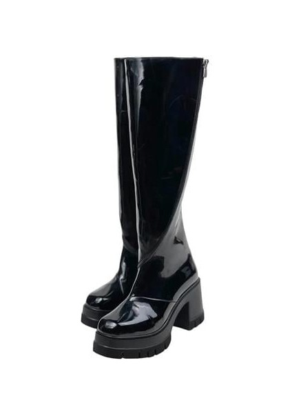 Kadın Carina Siyah Rugan Döner Fermuarlı 8 cm Platform Topuklu Diz Altı Çizme fiyatları