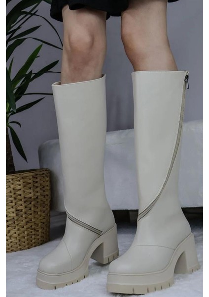 Kadın Krem Cilt Döner Fermuarlı 8 cm Platform Topuklu Diz Altı Çizme fiyatları