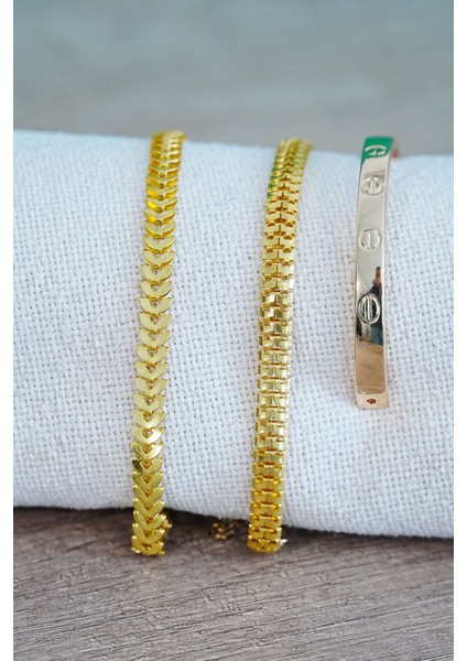 Kombin Bileklik Gold Kılçık Tırtıl ve Düz Cırt Model 3 Adet Birden