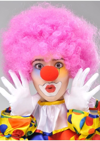 Pembe Renk Kıvırcık Afro Bonus Peruk Takma Saç ve Kırmızı Burun Seti - Lisinya