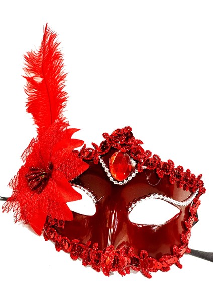 Kırmızı Mat Renk Yandan Tüylü Güllü Parti Balo Venedik Maskesi 16X22 - Lisinya fiyatları
