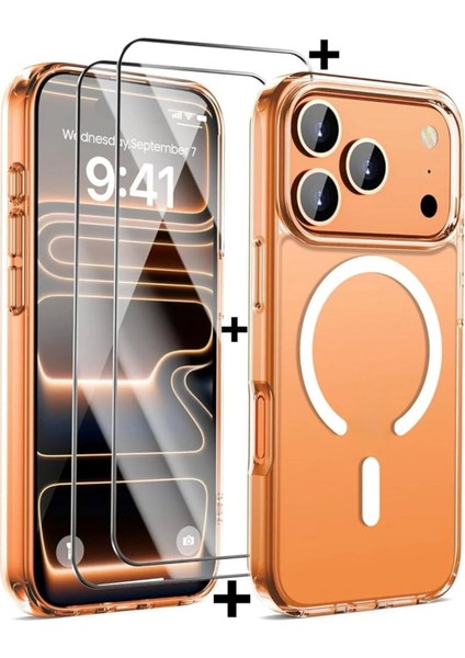 iPhone 17 Pro Max Kılıf Magsafe Manyetik Şeffaf Clear Silikon + Kırılmaz Ekran Cam Koruyucu 3D Glass