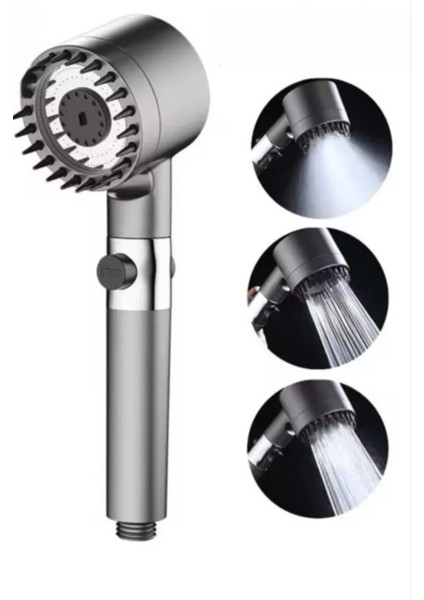 3 Fonksiyonlu Basınçlı Filtreli Lüks Gri Duş Başlığı, Start-Stop Tuşu ile Konforlu Kullanım