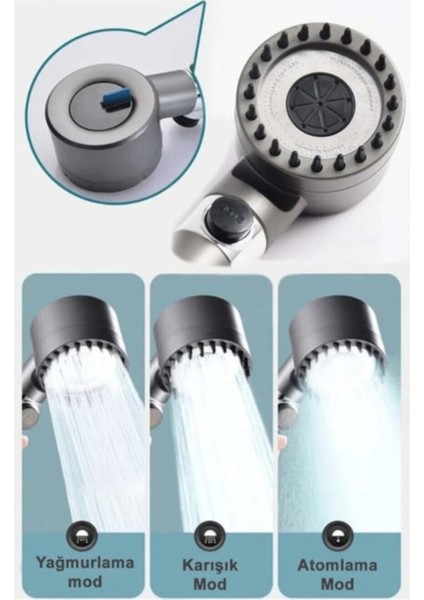 3 Fonksiyonlu Basınçlı Filtreli Lüks Gri Duş Başlığı, Start-Stop Tuşu ile Konforlu Kullanım modelleri