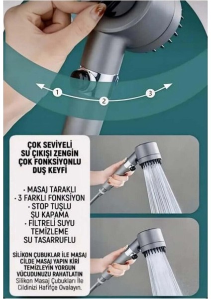 3 Fonksiyonlu Basınçlı Filtreli Lüks Gri Duş Başlığı, Start-Stop Tuşu ile Konforlu Kullanım indirimleri