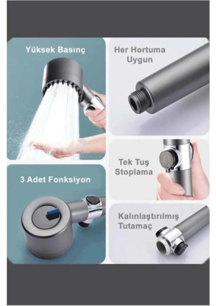 3 Fonksiyonlu Basınçlı Filtreli Lüks Gri Duş Başlığı, Start-Stop Tuşu ile Konforlu Kullanım