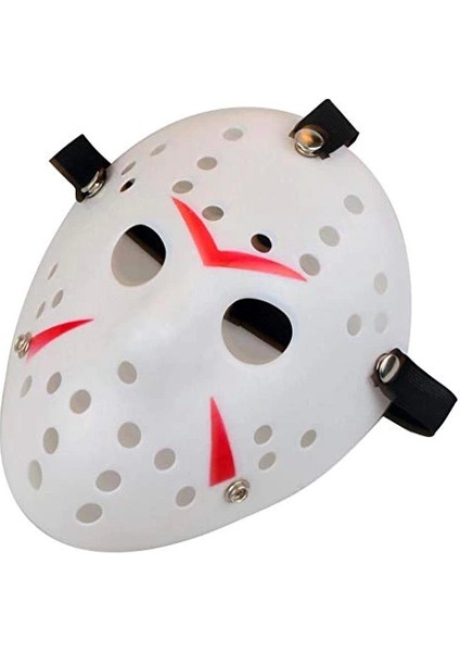 Beyaz Renk Kırmızı Çizgili Tam Yüz Hokey Jason Maskesi Hannibal Maskesi - Lisinya