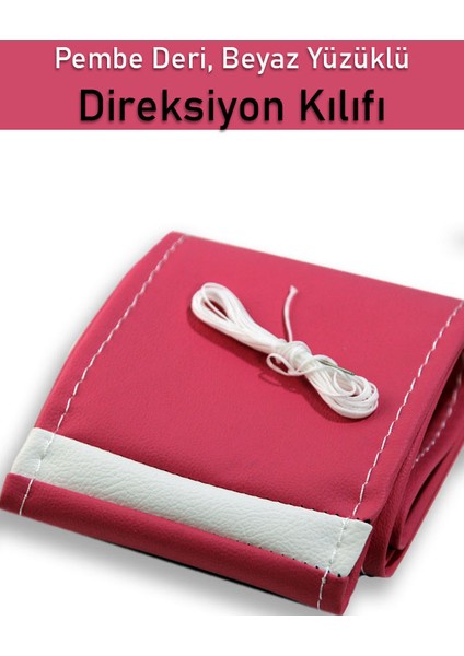 Toyota Corolla Pembe Özel Süper Deri Beyaz Yüzüklü Dikişli Direksiyon Kılıfı
