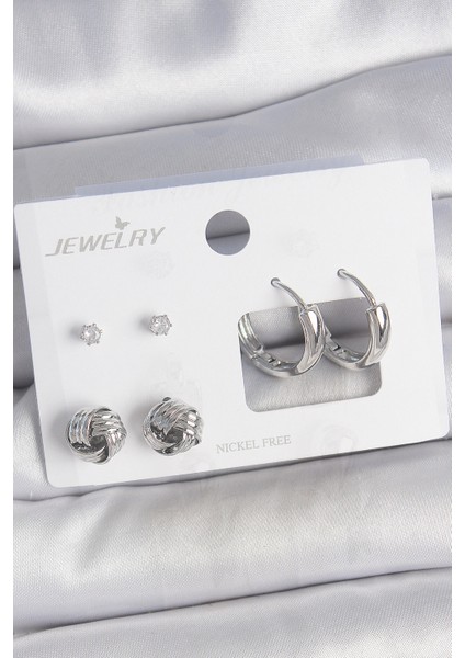 Pirinç Gümüş Renk Zirkon Taşlı Halka Model 3 Çift Kadın Küpe Seti - Lisinya