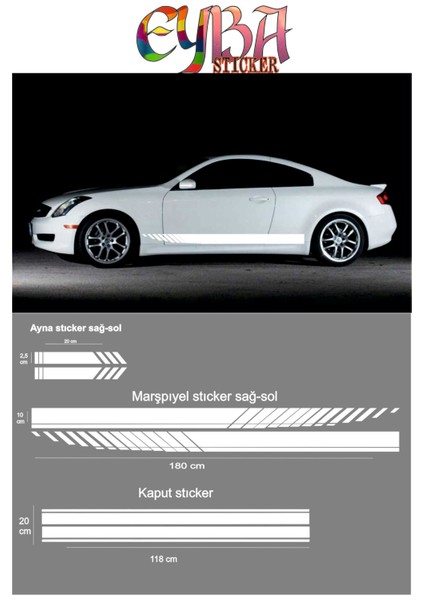 Oto Kaput-Marşpiyel-Yan Ayna Özel Yeni Sticker 5 Li Set 180*10-90*20-20*2,5 cm Sport 3