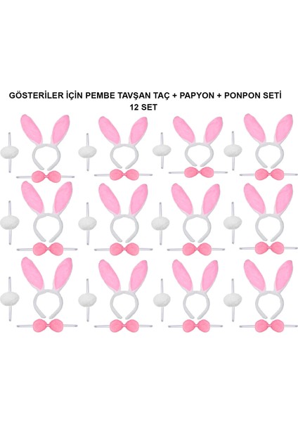 Pembe Tavşan Kostüm Seti – Taç, Papyon, Ponpon (12’li Paket) - Lisinya