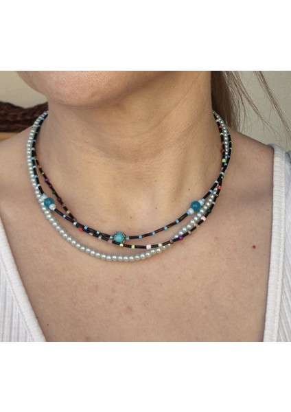 Siyah Boncuk Kolye 3lü Kum Boncuklu Kolye