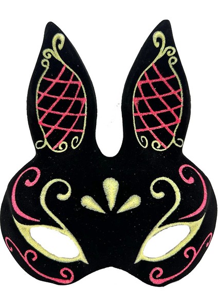 Siyah Renk Kırmızı Gold Simli Siyah Süet Kaplama Tavşan Maskesi 18X16 cm - Lisinya