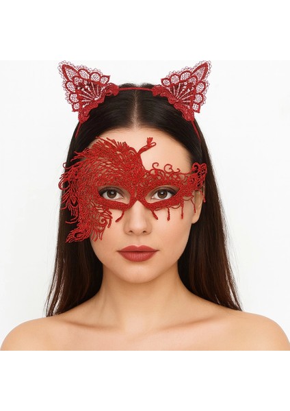 Alevin Zarafeti Kırmızı Dantel Maske ve Taç Seti 4 No – Kadın Kostüm Tamamlayıcı - Lisinya