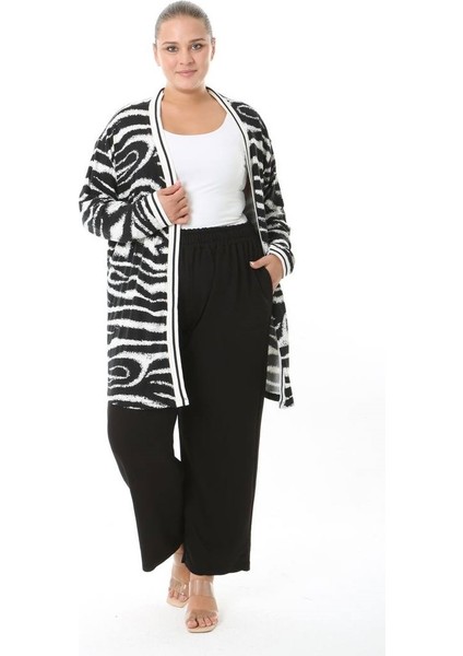 Kadın Büyük Beden Şerit Detaylı Desenli Uzun Kollu Esnek Viskon Hırka 25004