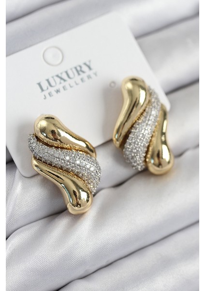 Pirinç Zirkon Taşlı Kıvrım Model Gold Renk Kadın Küpe - Lisinya
