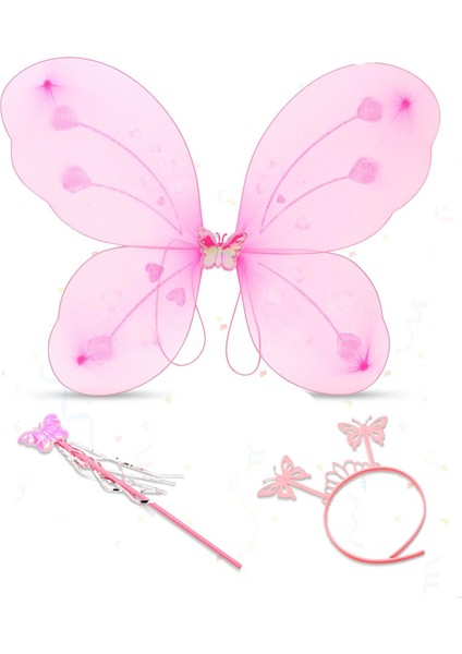 Pembe Kelebek Kız Seti – 50 cm Kelebek Kanadı, Taç ve Asa - Lisinya