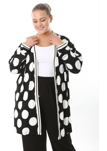 Kadın Büyük Beden Şerit Detaylı Desenli Uzun Kollu Esnek Viskon Hırka 25004