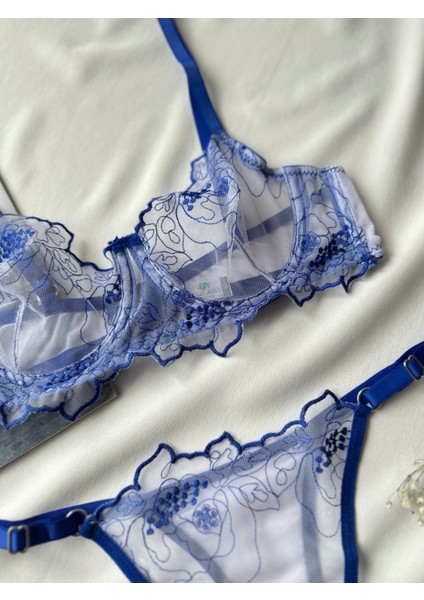 Çiçek Nakışlı Transparan Dantel Sütyen Takımı Desteksiz Balenli 75B-90B