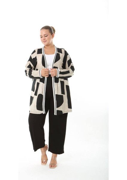 Kadın Büyük Beden Şerit Detaylı Desenli Uzun Kollu Esnek Viskon Hırka 25004 fiyatları