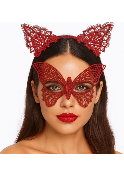 Gösterişli Kırmızı Dantel Maske ve Taç Seti 7 No – Masquerade ve Davetler Için - Lisinya