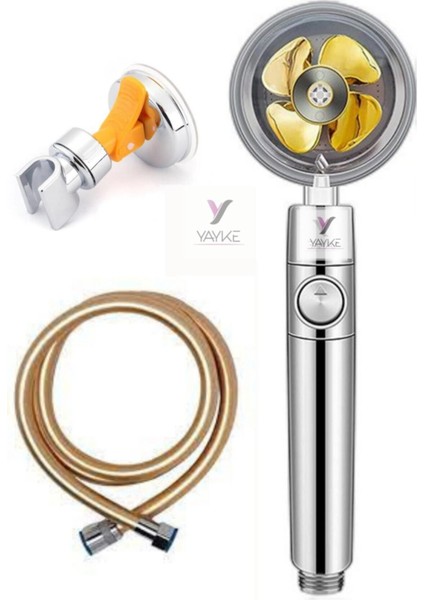 Dönebilen Turbo Pervaneli Tazyikli Duş Başlığı, Pvc Gold Hortum, Vakumlu Mafsal
