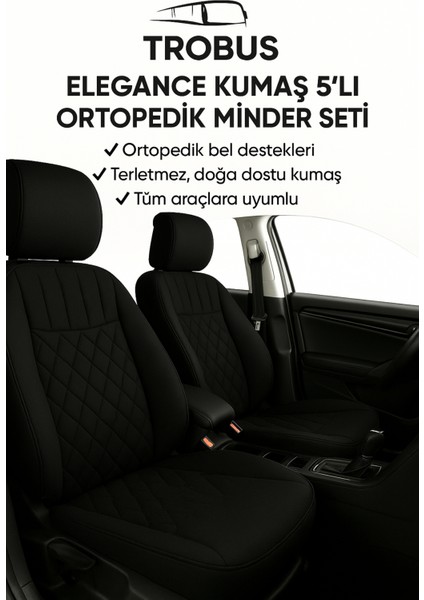 Renault Scenic 2 2002-2009 Trobus Elegance Ortopedik Araç Koltuk Minderi 5'li Set, Hava Yastığı Uyumlu Siyah
