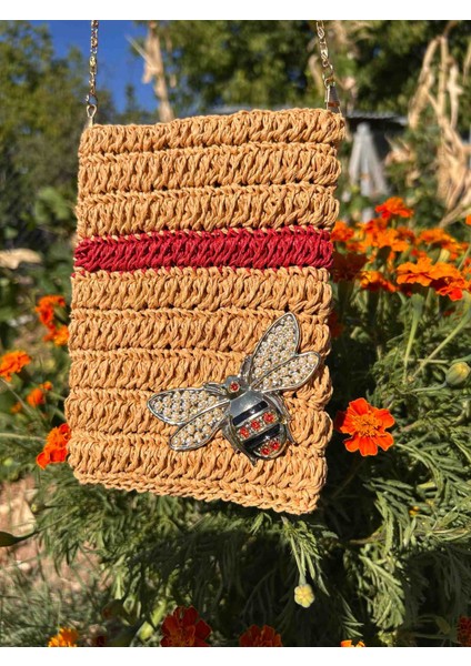 Doğal Hasır Görünümlü El Yapımı Zincir Askılı Telefon Çantası – Yazlık Omuz Çantası