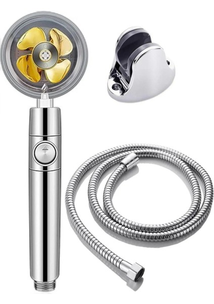 Beyaz Turbo Pervaneli Duş Başlığı Seti, Mafsal ve Hortum ile Hediye Paketli