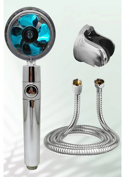 Beyaz Turbo Pervaneli Duş Başlığı Seti, Mafsal ve Hortum ile Hediye Paketli