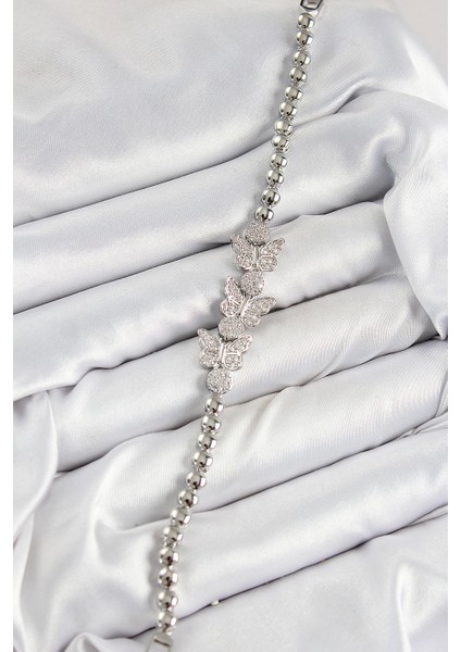 Pirinç Zirkon Taşlı Kelebek Model Gümüş Renk Kadın Bileklik - Lisinya fiyatları