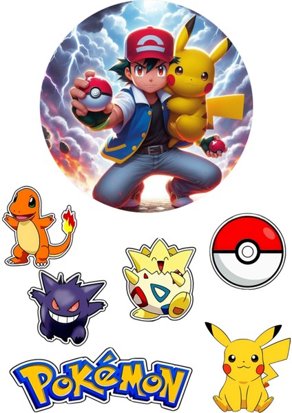 Yenilebilir Yuvarlak Pasta ve Figür Resim Baskısı Şekerli Kağıt Pokemon Temalı 20