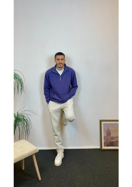 Erkek 3 Iplik Yarım Fermuarlı Kanguru Çepli Sweatshırt SPR24SW22